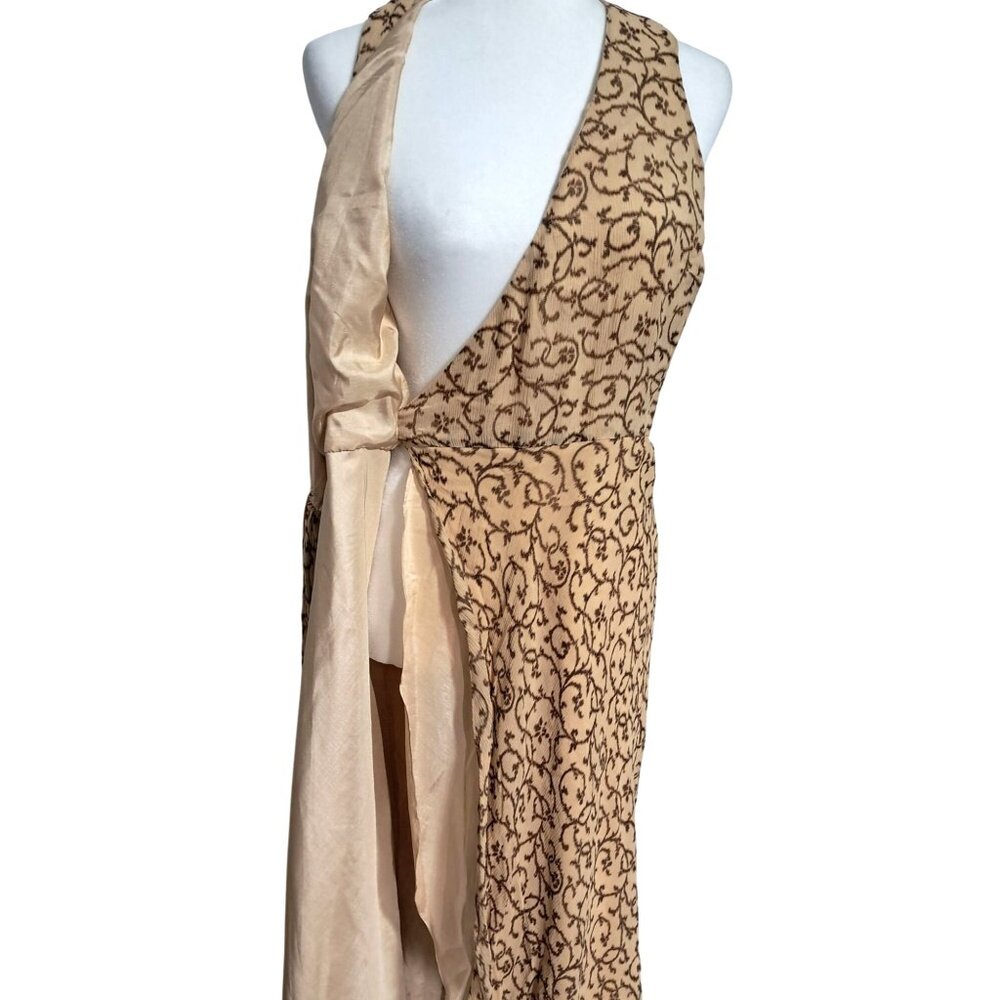 Lauren Ralph Lauren Tan & Brown Silk Wrap Dress Womens Size 12 Sleeveless Midi L - Picture 9 of 10